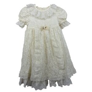 Jessica McClintock Vintage Size 6X Girl Lace Puff Sleeve Dress Cottagecore Ivory